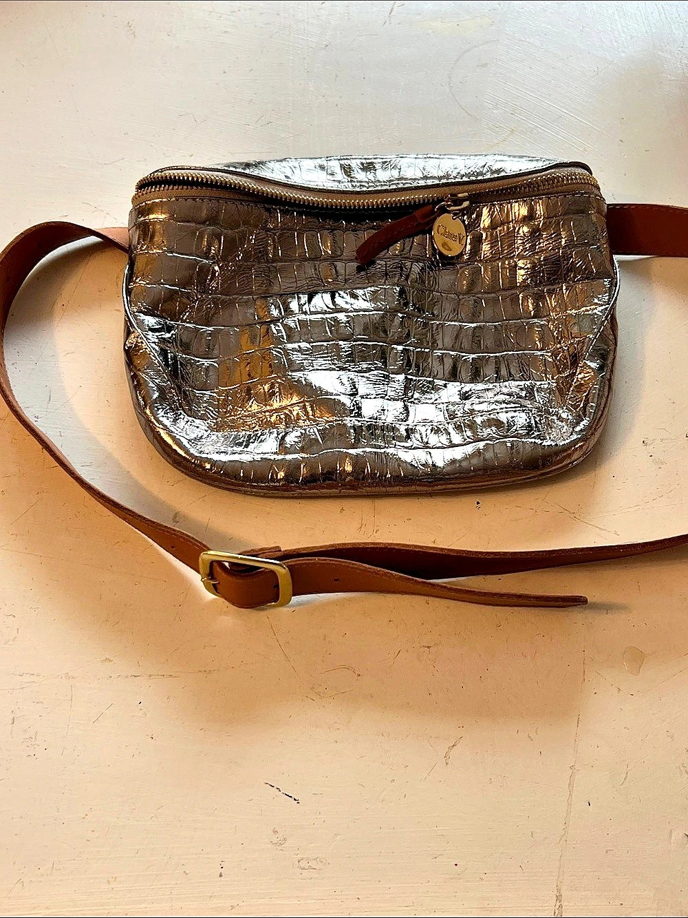 Metallic Crocodile-Textured Crossbody